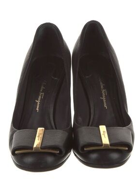 Salvatore Ferragamo Black Leather Vara Bow Flats with Gold Accent